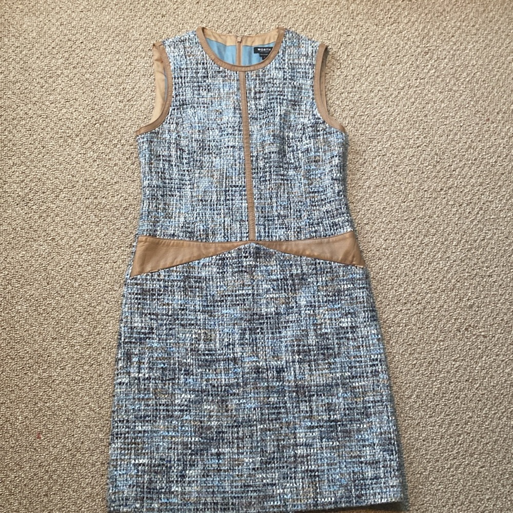 Worth New York Blue/ Camel Brown Tweed and Leather Dress in size 4. Wool Blend.